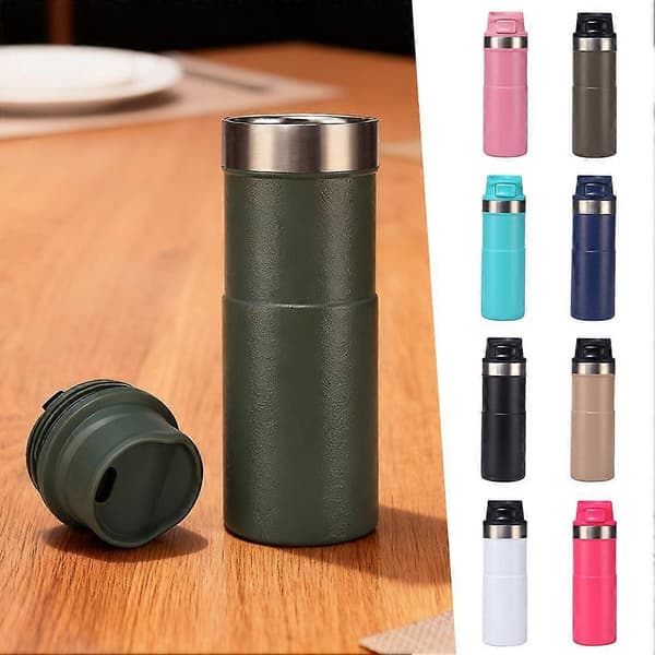 Termosmugg i rostfritt stål 500 ml, tryckknappslock, läckagesäker vakuumtermos för varma och kalla drycker Olive Green