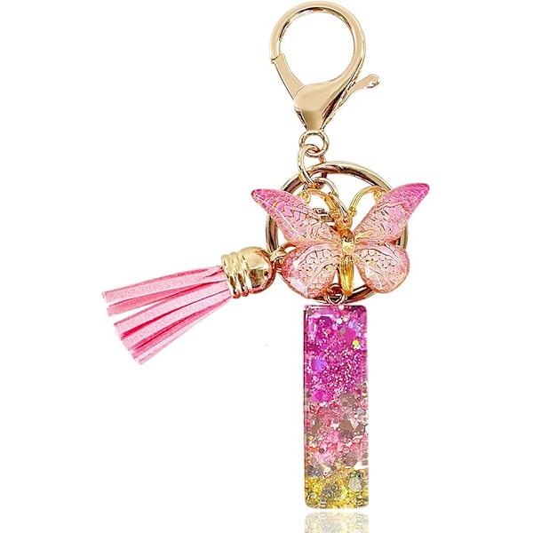 Alfabetet nøglering ringe Pink Cute nøglering med sommerfugl kvast vedhæng indledende bogstaver I