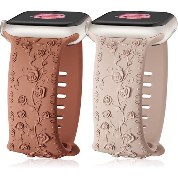 Gravert Rem for Apple Watch-reimer, iwatch-reim Kvinner, Myk Silikon Rose Blomstermønster Bånd for iWatch Series-reim Milk Tea/Brown 38/40/41mm