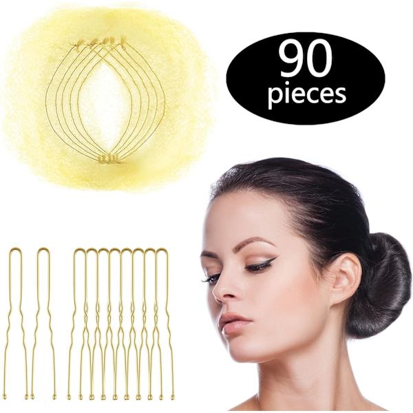 Hårnät Osynlig Elastisk Kant Nät och U-formade Nålar Set, 50 st 50cm Individuell Förpackning Osynliga Hårnät, 40st U-formade Nålar för Kvinnor Bun Beige