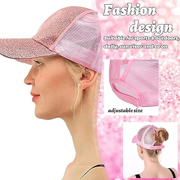 Visiirin kanssa varustettu kesähattu, Glitter-poninhäntähattu, Mesh-hattu, Rento säädettävissä oleva urheilumalli, Baseball-hattu naisille ja tytöille Pink