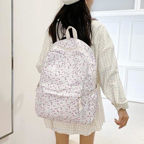 Söt Ryggsäck Estetisk Skolryggsäck - Kawaii Skolväska Blommig Preppy Ryggsäck för Skolflickor Skolväska