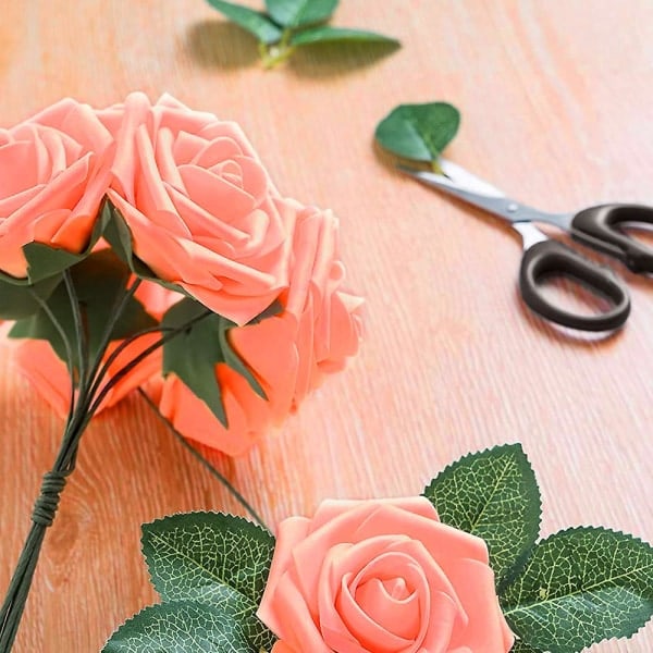 Konstgjorda Blommor 25st Falska Rosor med Stjälkar och 2 Blad för DIY Bröllopsbuketter Festdekoration Orange