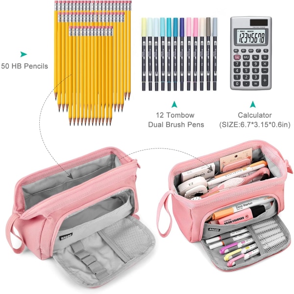Store Blyantvesker Super Stor Blyantveske Glidelås Jevn Blyantveske Lomme Holder Skriveartikkel Organizer Varig Skole Blyantvesker for Tenåringsjenter Gutter Pink