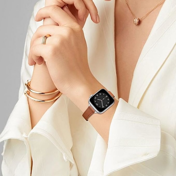 Læderrem Kompatibel med Apple Watch Remme Ægte Tynd & Fin Læder Udskiftningsrem, Armbånd til iwatch Serie Kvinder Mænd Brown&Silver 42/44/45/49mm