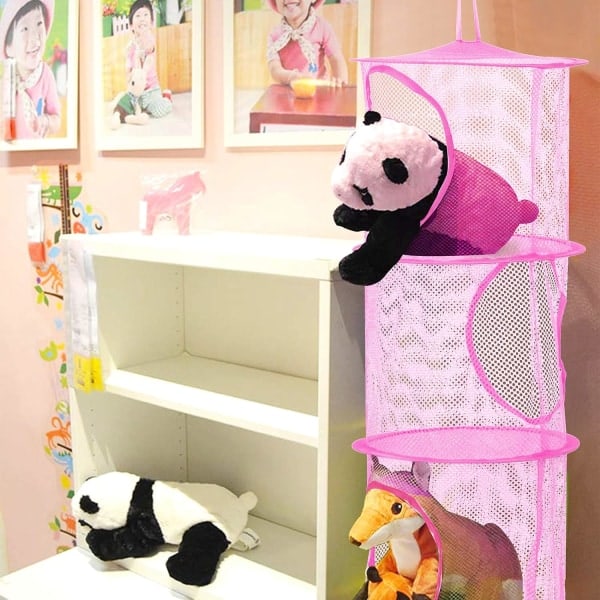Förvaringsnät för barn (rosa, lila, blå-75*27 cm), hopfällbar nätförvaring med S-krok för plyschleksaker små kläder underkläder strumpor