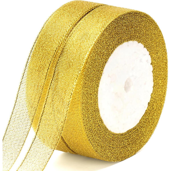 Organza presentförpackningsband, 20 mm glittrande dekorativt julband, band för presentinslagning 22 m glitter metalliskt band för julinslagningspresent Gold