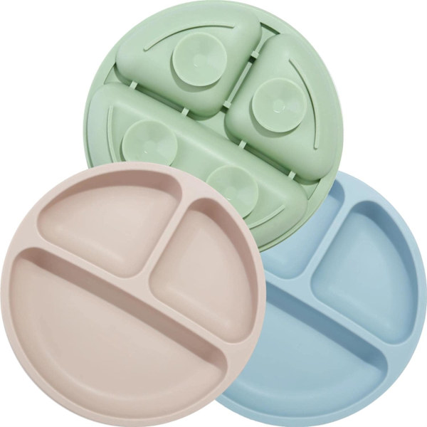 3-pack silikon sugkoppar för baby, självgående matning för småbarn, fast avdelad matningsbricka för barnstolbricka, okrossbar, bärbar och halkfri
