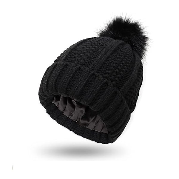 Vinterstrikket lue for kvinner, fast pompom beanie, varm satengfôr, silkefôr beanie, heklet utendørs beanie Black