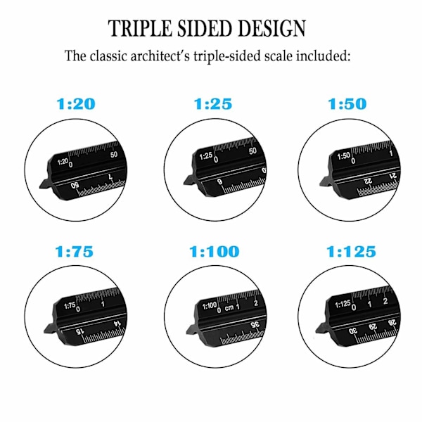 Arkitektonisk skala linjal, aluminium trekantlinjal metrisk 1:20, 1:25, 1:50, 1:75, 1:100, 1:125 Standard 12 tommer for arkitekter og ingeniører Black