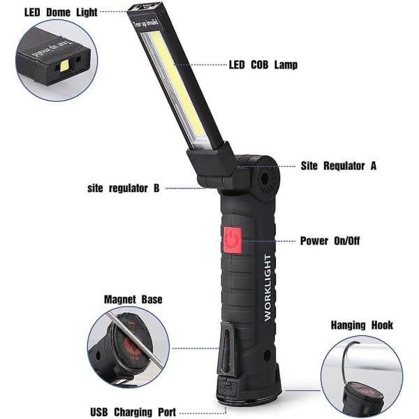 LED lampe, 2-pak genopladelig arbejdslampe, arbejdslampe med magnetisk base og hængekrog, 360 graders rotation i 5 positioner
