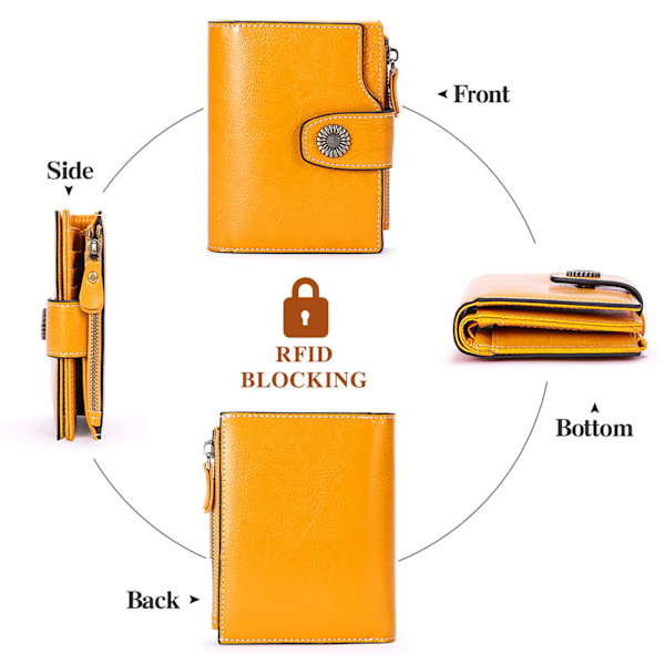 Liten damplånbok i äkta läder med RFID-blockering, liten plånbok med dragkedjefickor Yellow