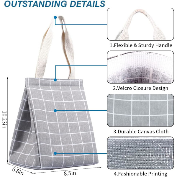1 kpl Eristetty Lounaskassi, Kestävä Laajasti Avattava Taittuva & Kannettava Lounaskassi Sisätaskuilla, Vedenkestävä Lämpöeristetty Grey Plaid