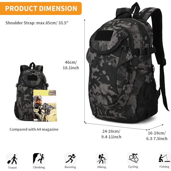 25L Taktisk Militær Dagsekk Molle Ryggsekk Angrepsryggsekk Skoleveske Dagsekk for Camping Vandring Sykling Trekking Camo-25l