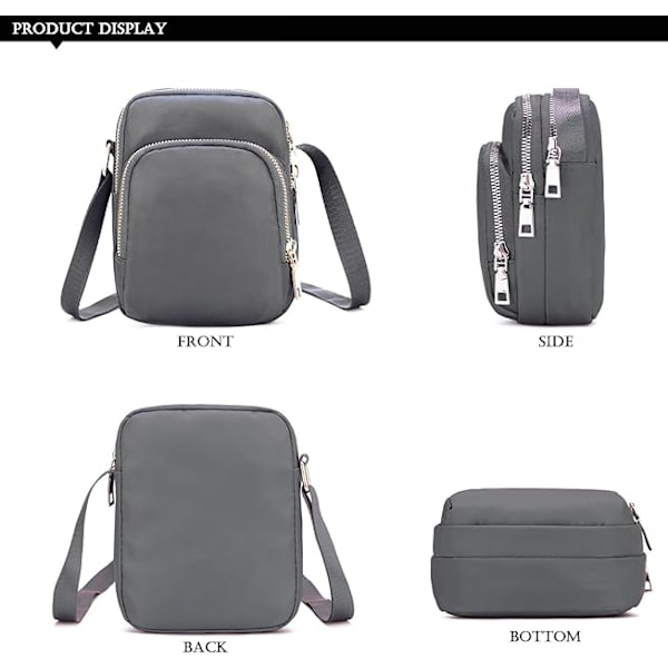 1 st. Crossbody-väska för kvinnor, Nylonplånboks axelväska, 3 lager blixtlås mobiltelefonväska med justerbar rem. Grey