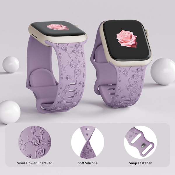 Graveret rem til Apple Watch remme iwatch rem Kvinder, Blød Silikon Rose Blomstermønster Bånd til iWatch Serie Rem Lavender Purple/Light Blue 38/40/41mm