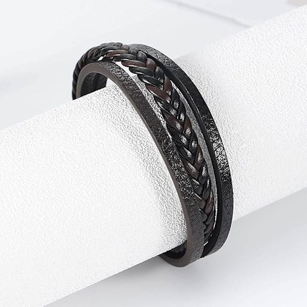 Läderarmband för män i brunt, ko-läder äkta unisex manschett armband flerskikts magnetisk lås rep handledsband för män och kvinnor