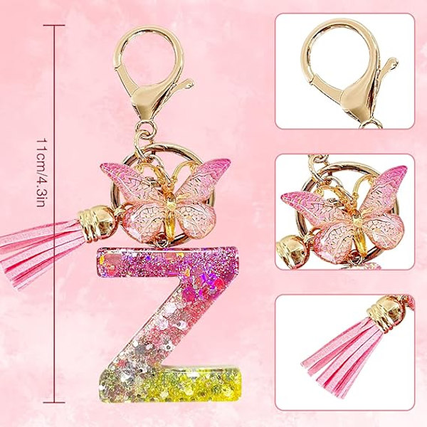 Alfabetet nøglering ringe Pink Cute nøglering med sommerfugl kvast vedhæng indledende bogstaver Z