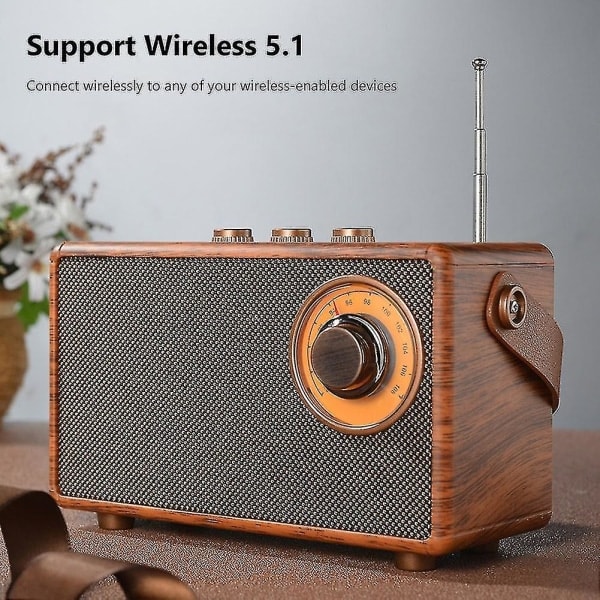 Retro FM-radio, Kannettava Puinen Bluetooth-radio, Bassokaiutin, Handsfree MP3-soitin, Tukee USB/TF-korttia