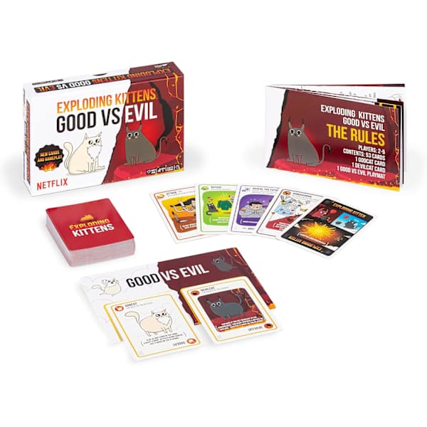 Exploding Kittens Gud mod Ond - 55 Kort Inspireret af Netflix-Serien - Niveauer Exploding Kittens med Nye Figurer
