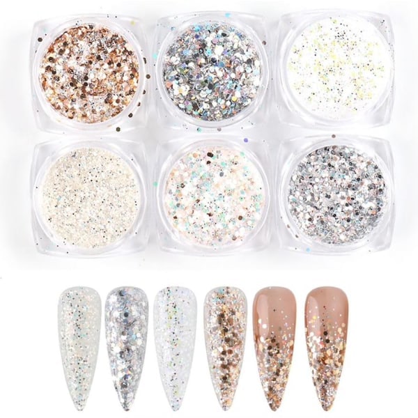 6 stk negl glitter, negl dekorasjoner flerfarget