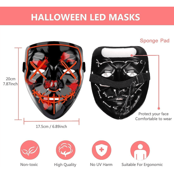 Halloween-masker, LED-rensningsmaske, LISGO lysmaske, skumle masker med 3 lysmoduser Red