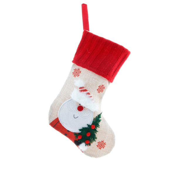 Julstrumpor i linne, juldekorationer, ornament, tomte, snögubbe, strumpor, godispåse