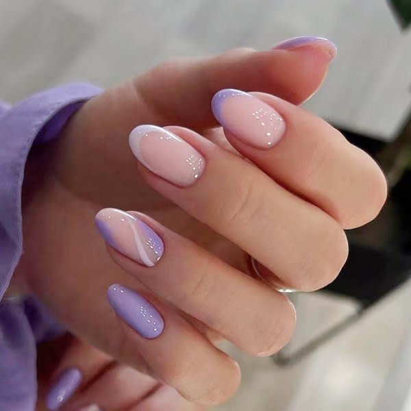 French Tips Press on Nails Short Fake Nails Oval Purple Nails for