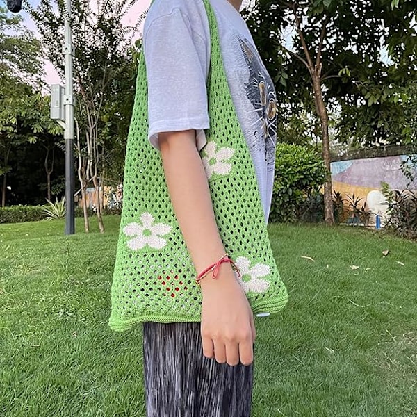 Kvinders Hæklet Tote Bag Sommer Strand Vævet Taske Stor Boho Strikket Skuldertaske Blomst Slouch Mesh Hul Tote Bag Shopping Rejse Casual Pung Ferie Green