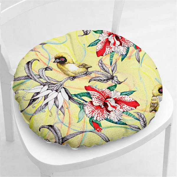 Rund linnekudde stolsdyna, quiltad sittdyna blomma & fågelserie golv tatami bekväm vadderad soffa matstolar kuddar Yellow Bird