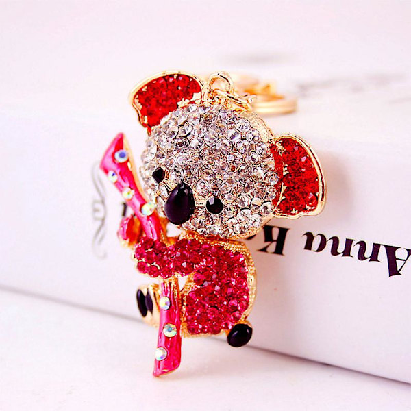 Koala Nyckelringar med Strass, Kristall Nyhet Djur Nyckelring Koala Björnen Legering Strass Kristall Metall Hänge Liten Present, 1pcD- red