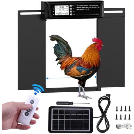 Extra stor automatisk solcellsdriven hönshusdörr – LCD-skärm, fjärrkontroll, ljussensor, timer och klämskydd – 39 x 29