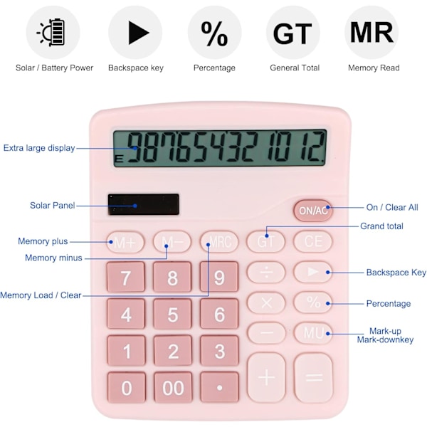 Pöytälaskin, Kompakti 12-numeroinen Solar-akkutoiminen toimiston elektroninen laskin LCD-näytöllä, Kaksoisvirtalähde Tieteelliset laskimet Pink