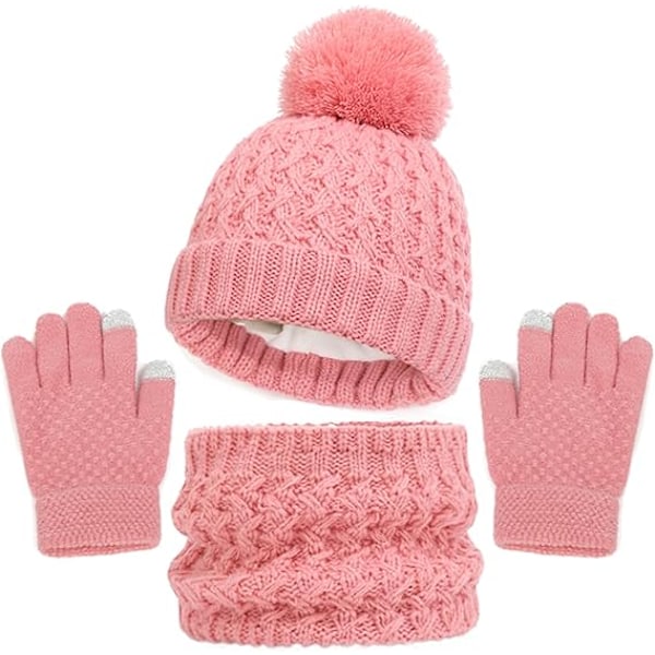 Vinterlue, skjerf og votter sett for barn, 3 deler strikket varm heklet tykk fluffy skjerf pom pom lue to fingre berøringsskjerm votter sett Pink2