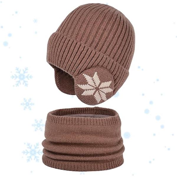 Vintermössa och halsdukssats för barn | Stickad halsduk och mössa för utomhussporter - Snöflingemönster Elastisk förtjockning Utomhussporter Mössa och halsdukssats Coffee
