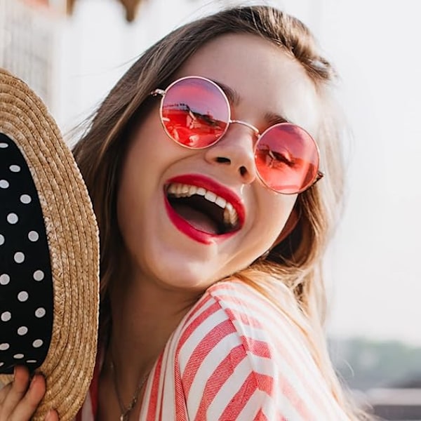 Runde Hippie Briller Retro Rosaguld Ramme Solbriller Slikfarve Vintage Briller Charmerende Street Shoot Party Briller til Teen Piger Kvinder Red