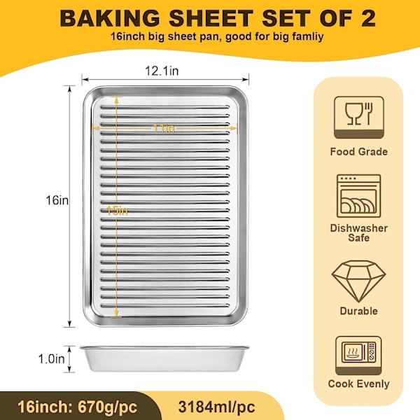 2 st bakplåtar, rostfria non-stick ugnsplåtar, stora rektangulära bakplåtar för bakning, matlagning, förvaring, spegelpolerade och diskmaskinssäkra