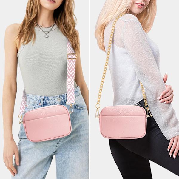 Crossbodyväska för kvinnor, liten läderväska för damer, kameraväska, axelväska med utbytbart brett axelband Pink
