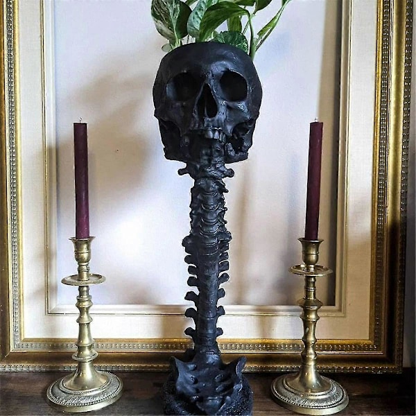 Resinikallokasvi ja selkäranka-teline setti, Polyresin-kallokasvi, Halloween-koriste retro ihmisen kallopää kukka, musta