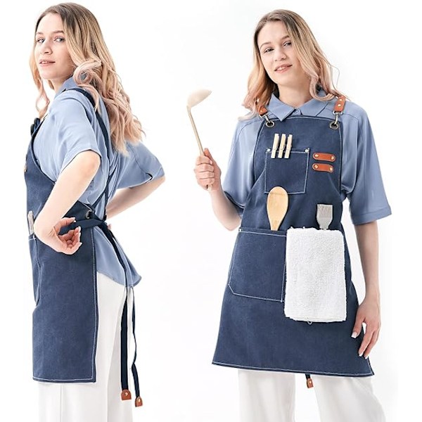 Canvas Chef Förkläde, Professionellt Verktygsförkläde, Justerbar Matlagningslapp, Kockförkläde för BBQ Hem Kök Restaurang Café Blue