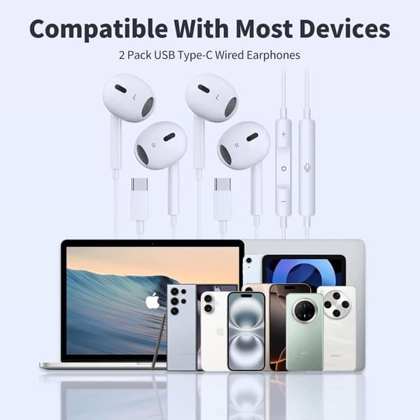 USB-C Hörlurar - 2-pack - In-Ear - Stereo med Mikrofon - Volymkontroll - iPhone, iPad, Samsung