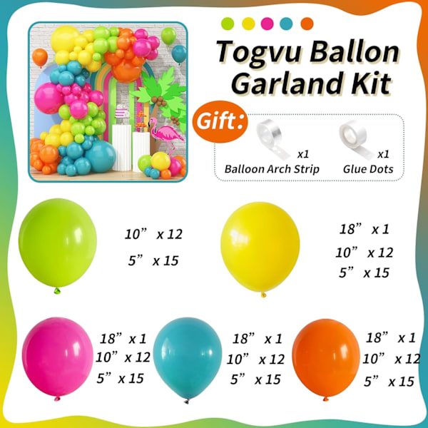 141 st Ballongbåge-set för Sommar Tropiskt Tema, Rosa, Limegrön, Blå, Orange, Gul Latex Regnbågsballongbåge-set