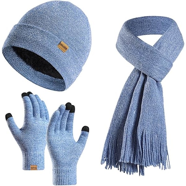 Vinter Unisex Beanie Hatt, Skjerf og Hansker Sett, Elastisk Strikket Hatt Langt Skjerf Berøringsskjermhansker Med Tykk Fleece Innerfôr for Menn og Kvinner Light Blue