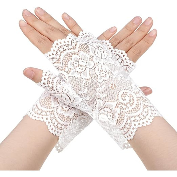Korta spetsarmband för kvinnor, fingervantar, bröllop, 1920-tals te-party, eleganta spetsarmband, solskydd White