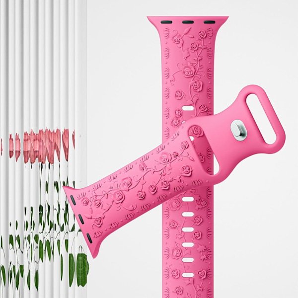 Gravert Rem for Apple Watch-reimer, iwatch-reim Kvinner, Myk Silikon Rose Blomstermønster Bånd for iWatch Series-reim Barbie Pink/Starlight 38/40/41mm