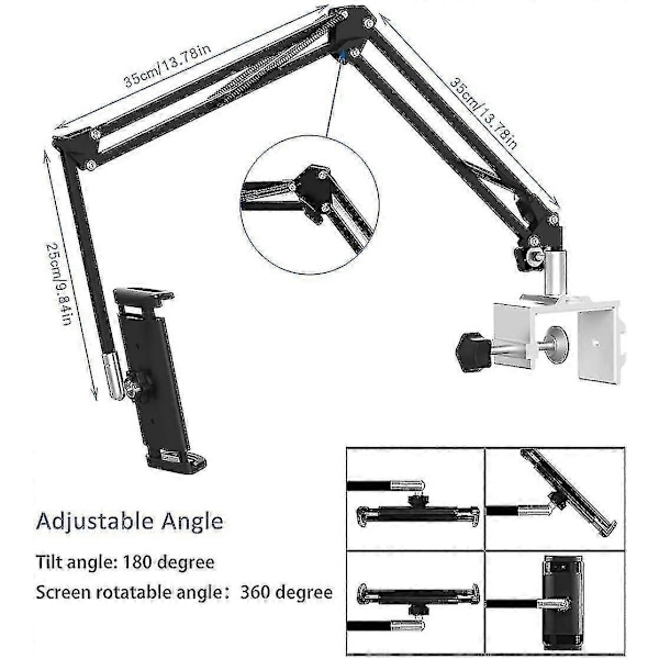 Nettbrettholder for seng, justerbar og sammenleggbar med 360 graders rotasjon for iPhone, iPad, mobiltelefon, nettbrett, Kindle Fire eller andre enheter 1,85\"-12,8\"