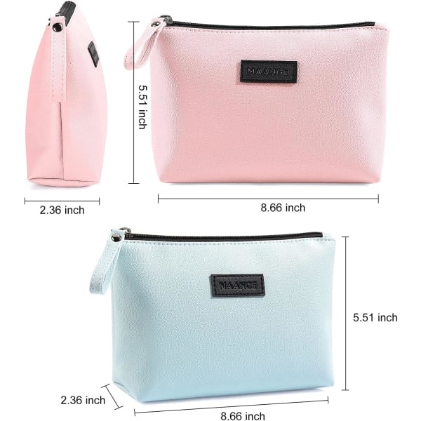 Lille Kosmetiktaske til Håndtaske Lille Makeup Taske Bærbar Rejsetaske Vandtæt PU Læder Makeup Taske med Håndtag Pink and Blue