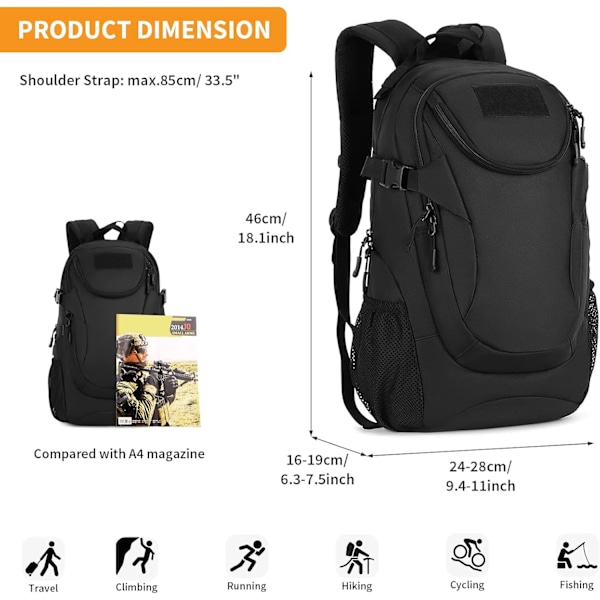 25L Taktisk Militär Dagryggsäck Molle Ryggsäck Assault Ryggsäck Skolväska Dagryggsäck för Camping Vandring Cykling Trekking Black-25l