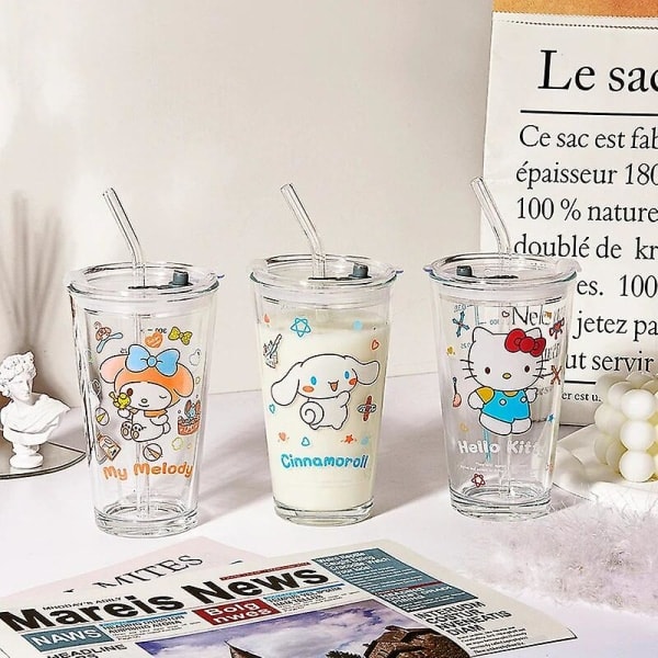 Transparent Glas Vattenkopp Söt Tecknad Frukostkopp Sugrör Med Lock Mjölk Juice Vattenkopp Glas Sippy Kopp Barnpresent Hello Kitty