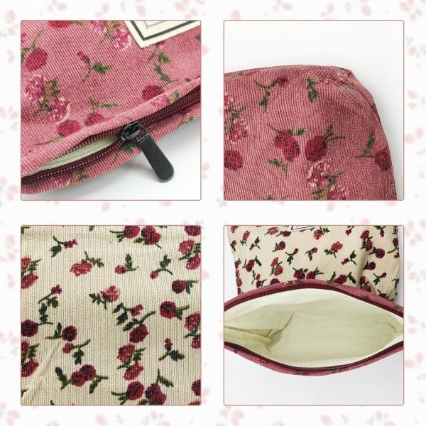 2-pak lærreds kosmetiktaske, blomstret makeuptaske, rose blomsterprintet fløjls toilettaske, bærbar kosmetiktaske, toiletartikler opbevaringsorganisator